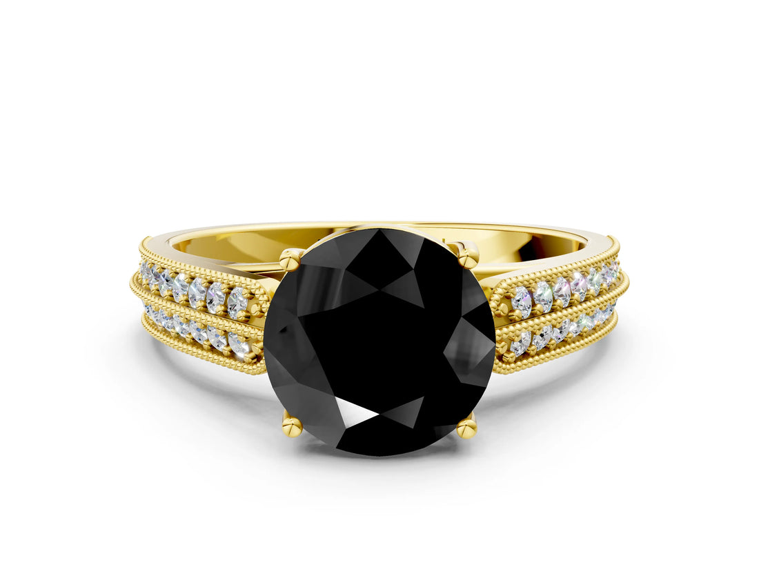 Yellow gold Fancy Black Round Cut Cut Pave Split Shank Engagement Ring with Four-Prong Setting