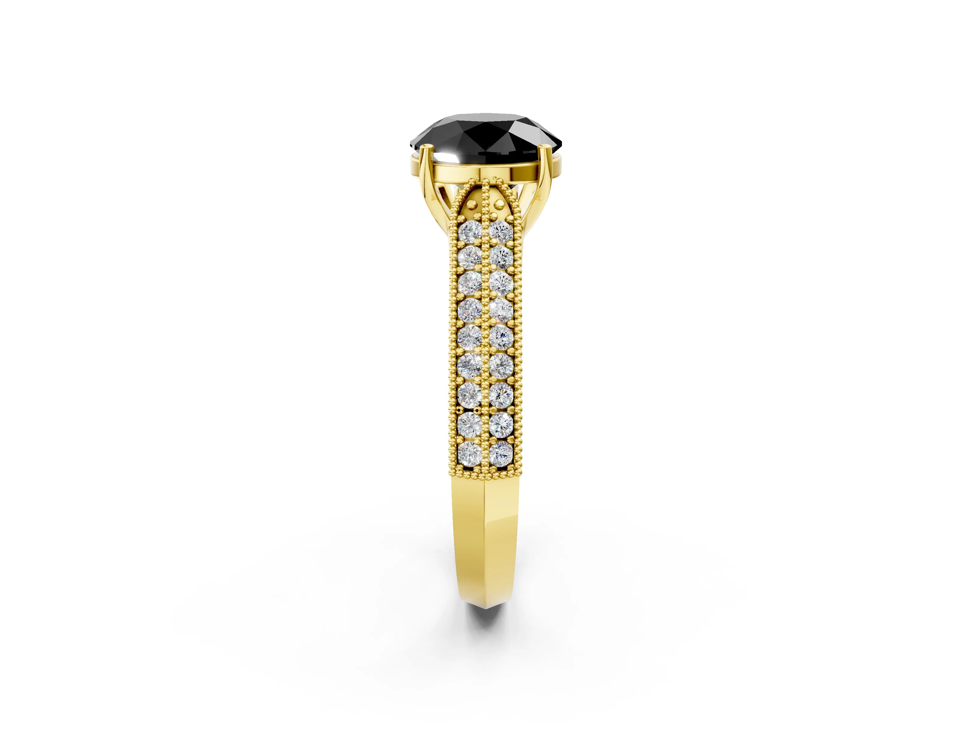 Yellow gold Fancy Black Round Cut Cut Pave Split Shank Engagement Ring with Four-Prong Setting_2
