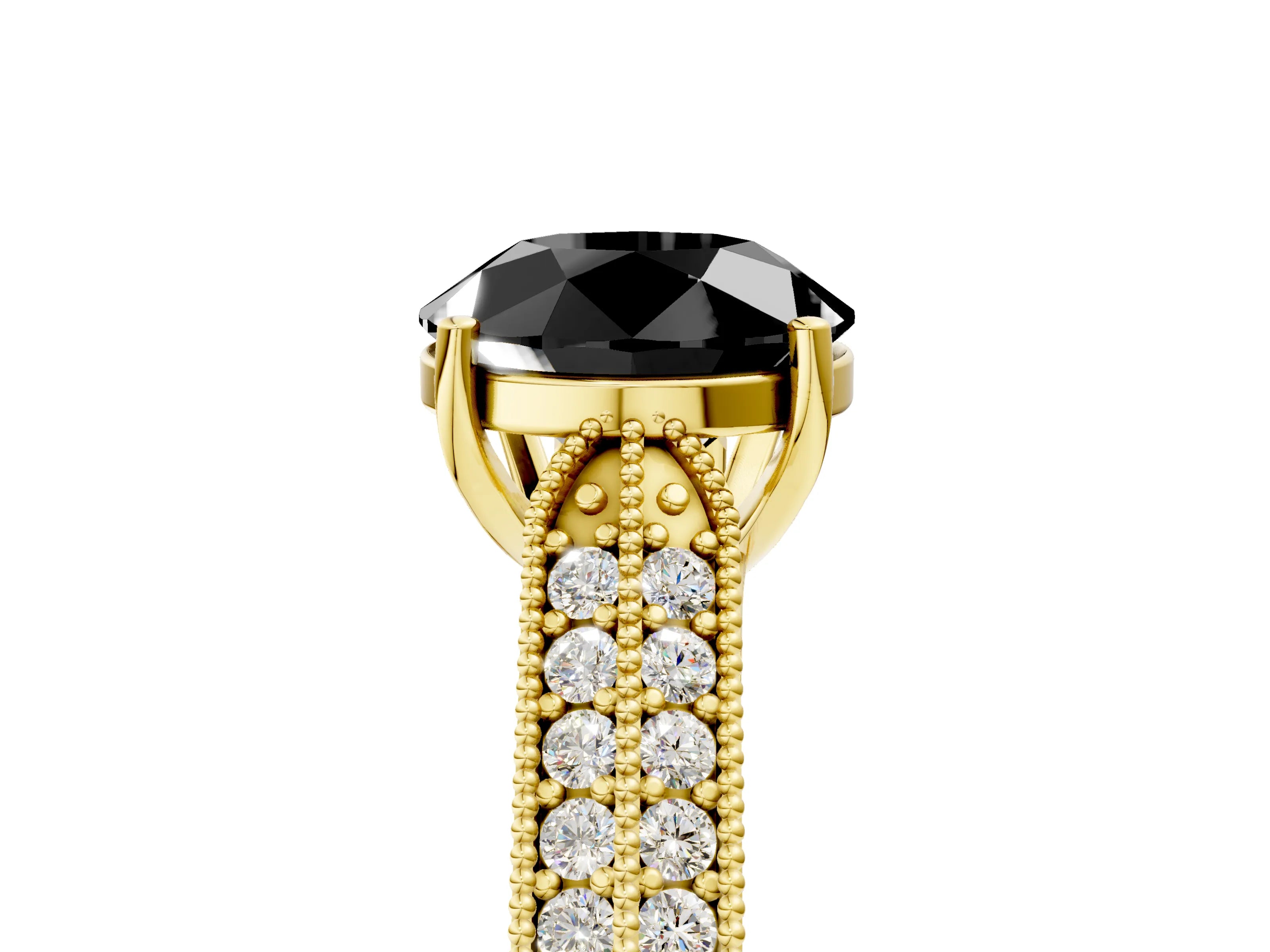 Yellow gold Fancy Black Round Cut Cut Pave Split Shank Engagement Ring with Four-Prong Setting_5