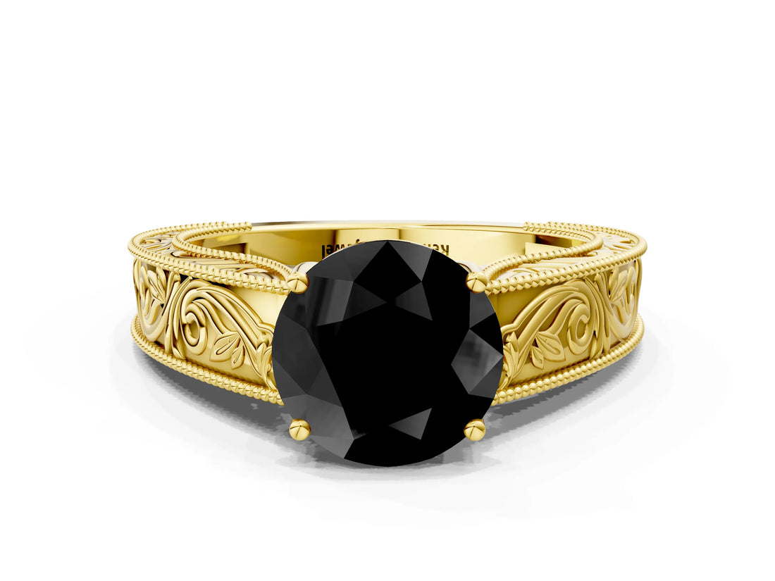 Yellow gold Fancy Black Round Cut Cut Solitaire Engraved Band with Four-Prong Setting