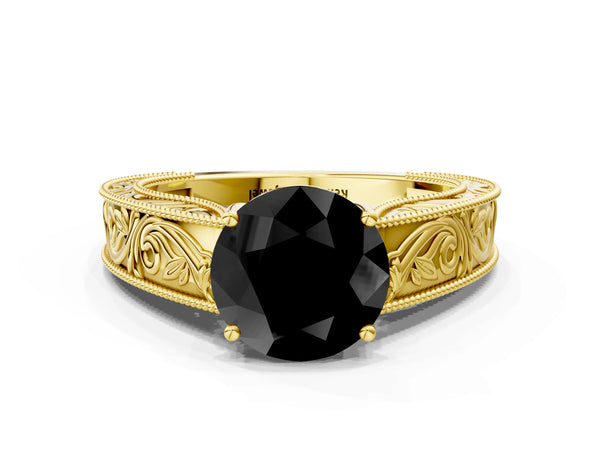 Yellow Gold Round Vintage Engraved Solitaire Engagement Ring Setting for Black Center