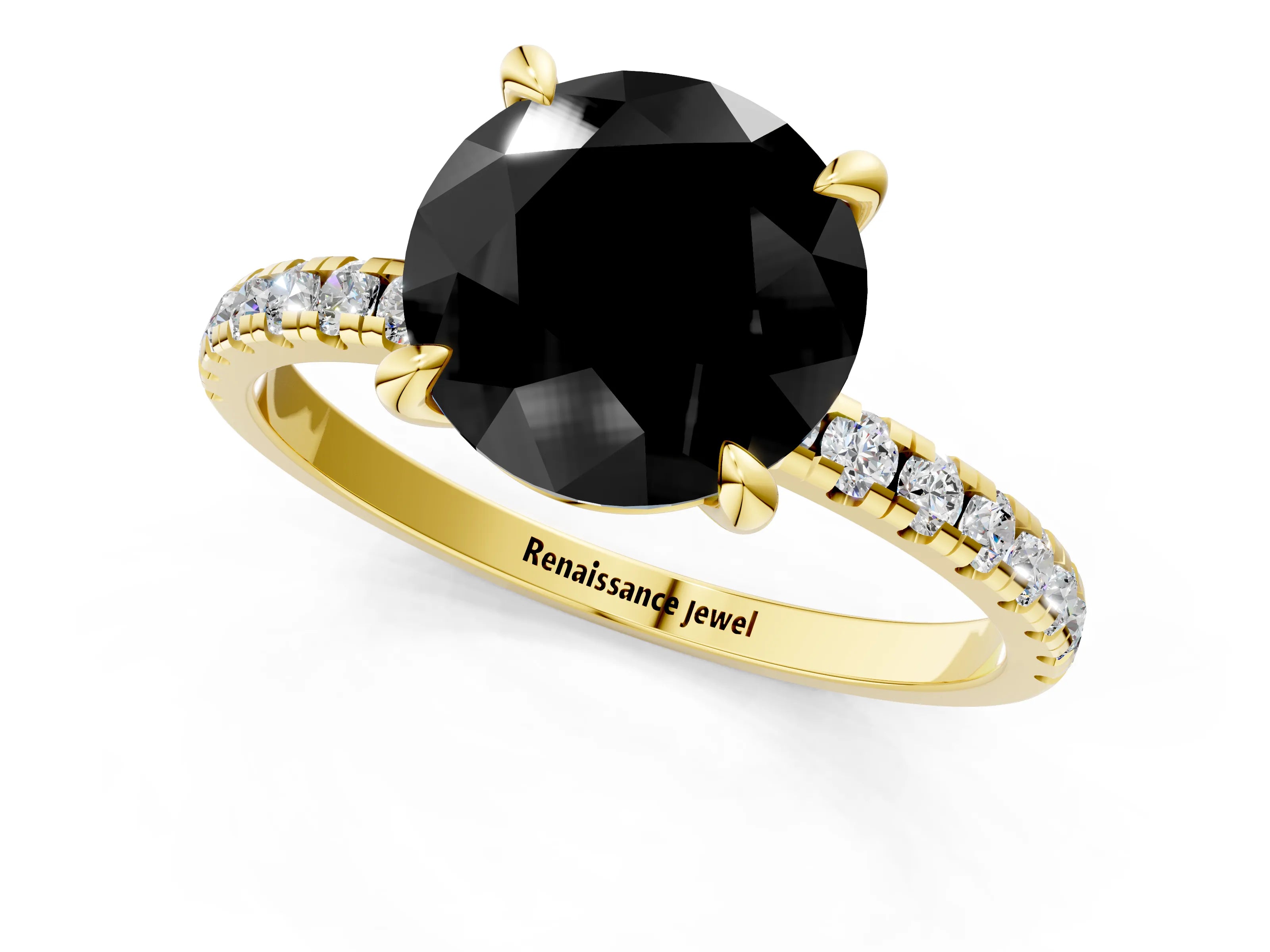 Yellow gold Fancy Black Round Cut Diamond Brilliant Solitaire Ring with Pavé Band and Four-Prong Setting_1