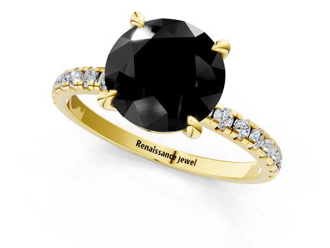 Yellow gold Fancy Black Round Cut Diamond Brilliant Solitaire Ring with Pavé Band and Four-Prong Setting_1