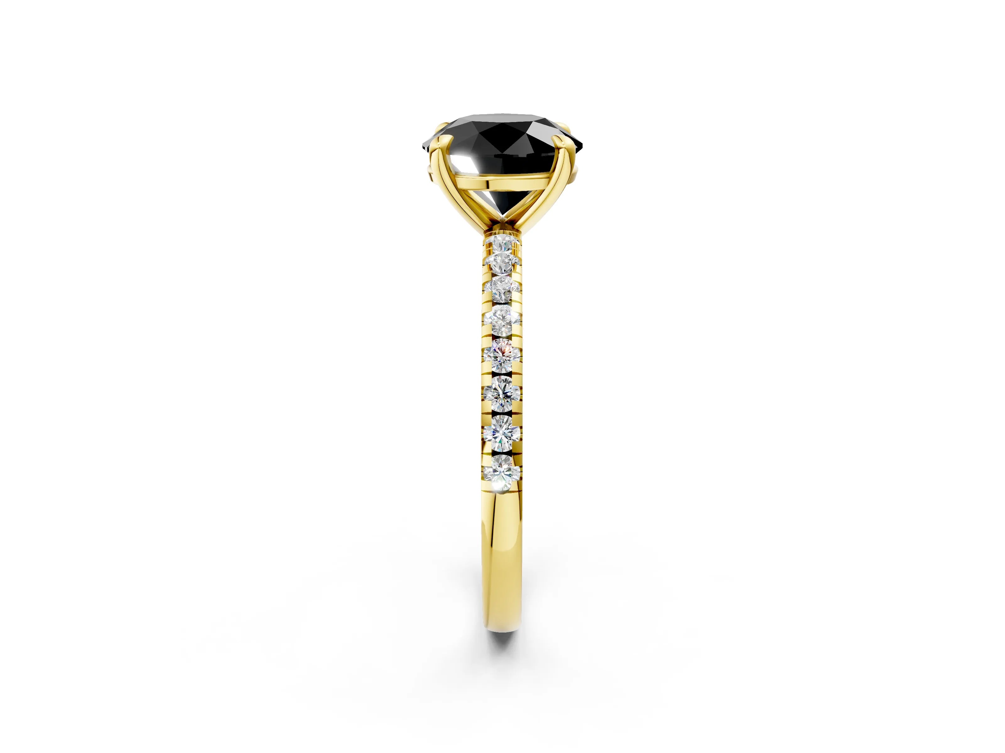 Yellow gold Fancy Black Round Cut Diamond Brilliant Solitaire Ring with Pavé Band and Four-Prong Setting_2