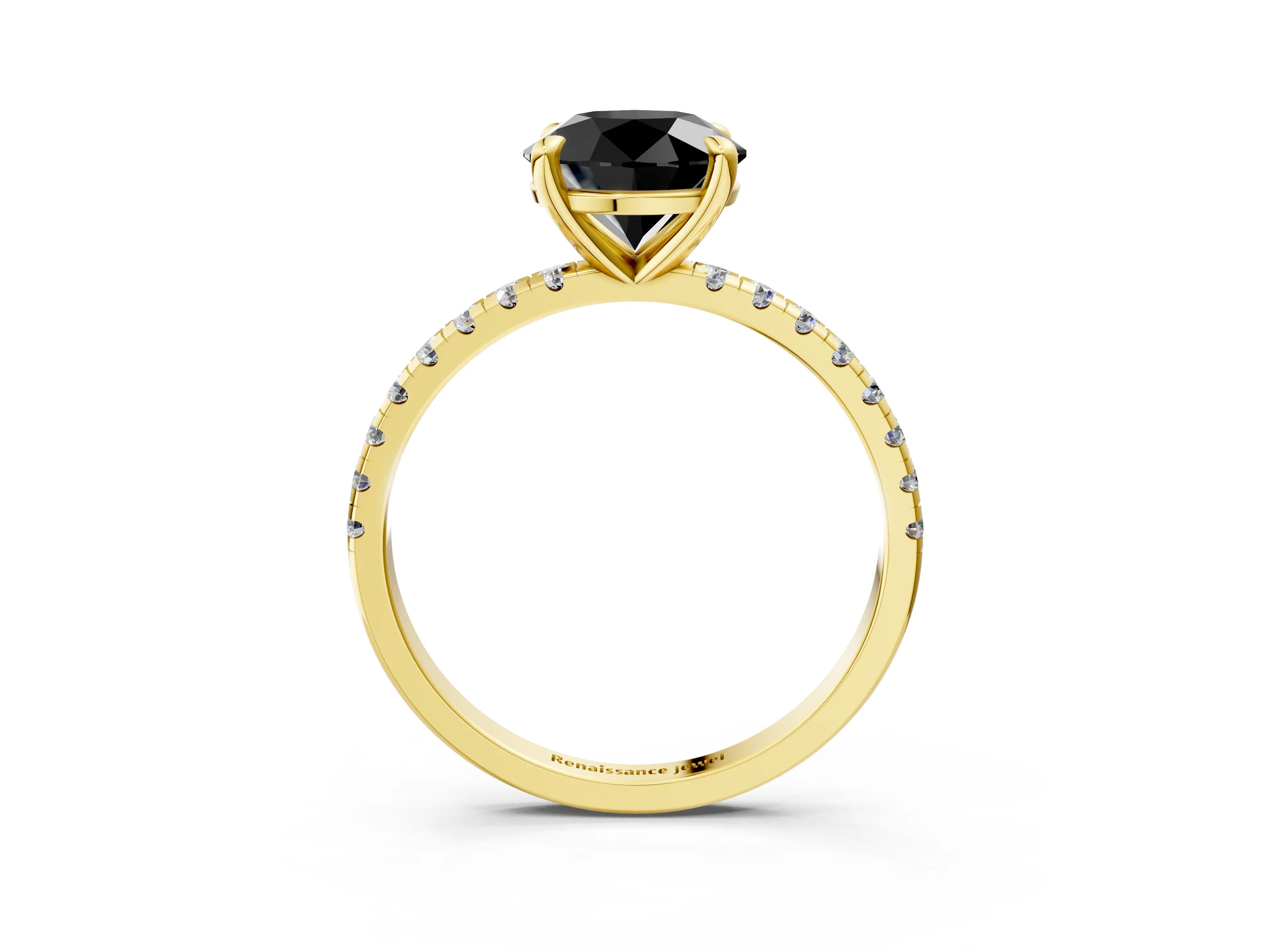 Yellow gold Fancy Black Round Cut Diamond Brilliant Solitaire Ring with Pavé Band and Four-Prong Setting_3