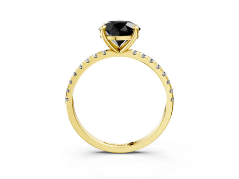 Yellow gold Fancy Black Round Cut Diamond Brilliant Solitaire Ring with Pavé Band and Four-Prong Setting_3