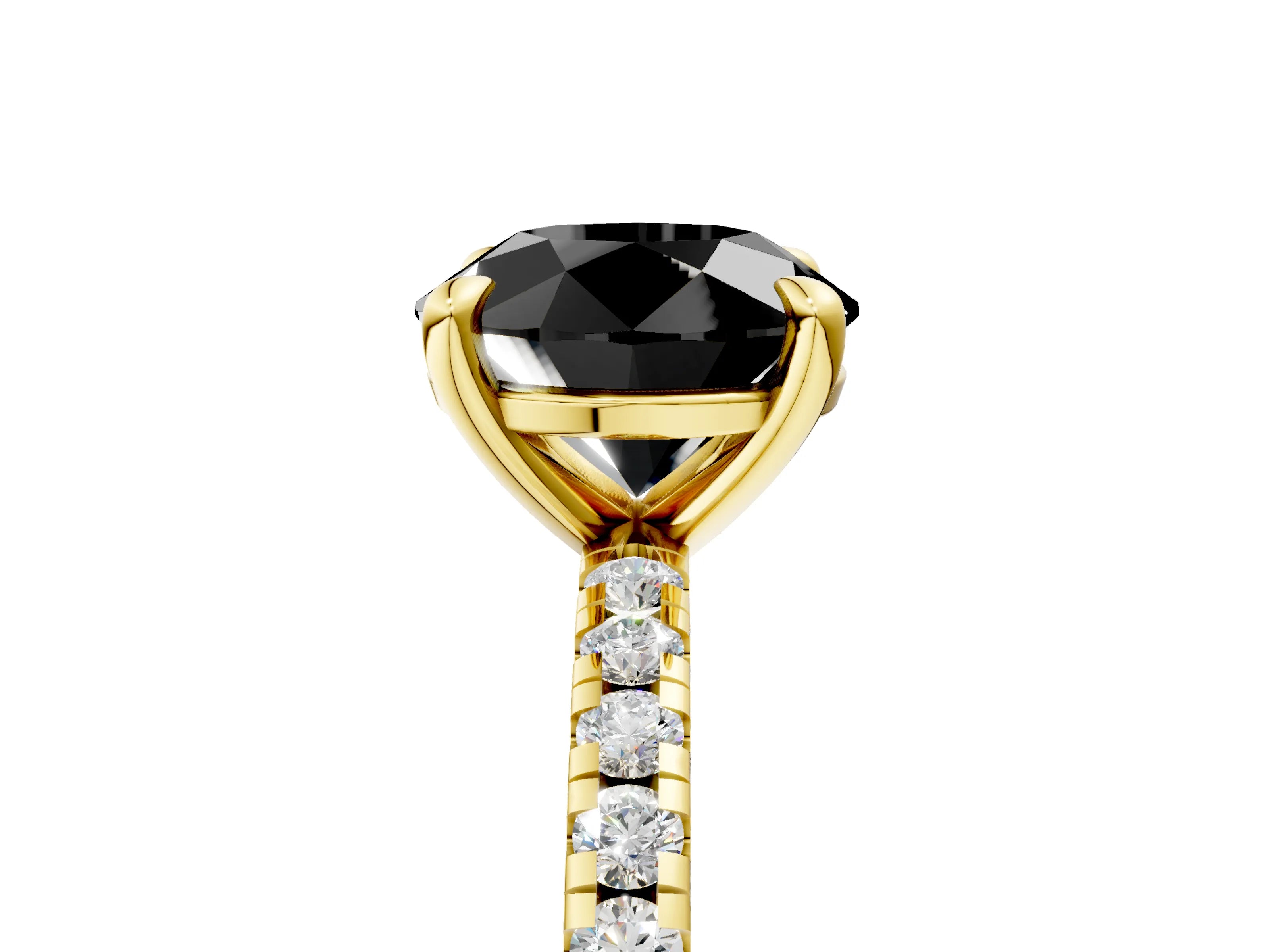 Yellow gold Fancy Black Round Cut Diamond Brilliant Solitaire Ring with Pavé Band and Four-Prong Setting_5