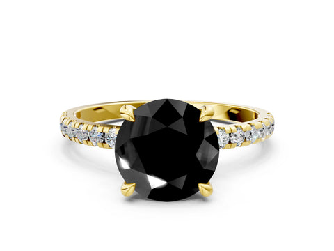 Yellow gold Fancy Black Round Cut Diamond Brilliant Solitaire Ring with Pavé Band and Four-Prong Setting
