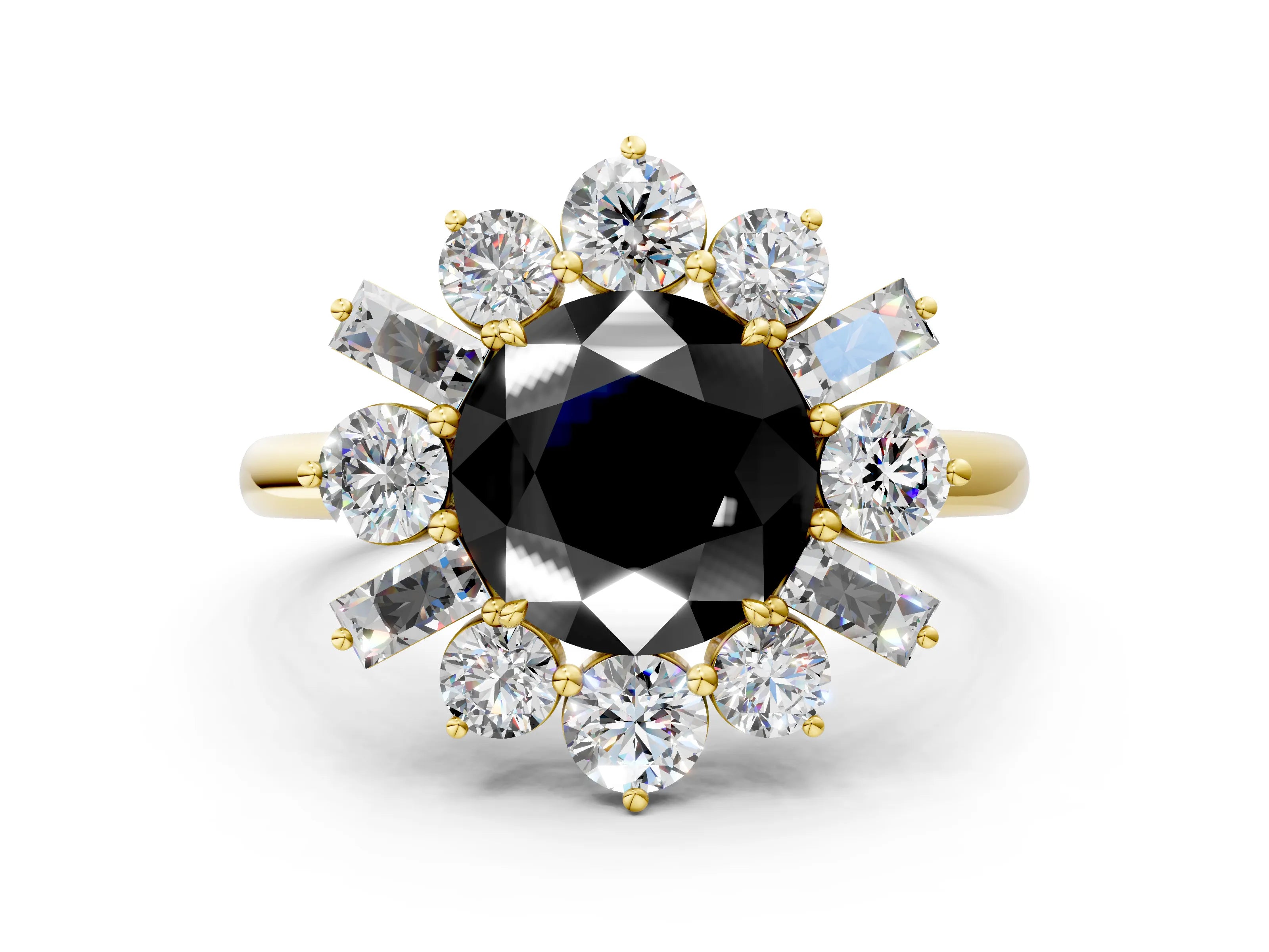 Yellow gold Fancy Black Round Cut Diamond Cluster Ring with Round and Baguette Stones, Split Shank Band, Prong Setting
