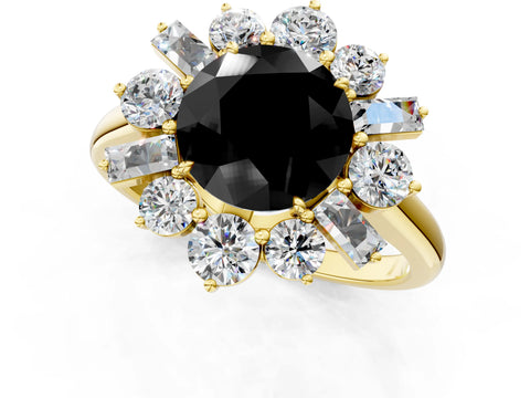 Yellow gold Fancy Black Round Cut Diamond Cluster Ring with Round and Baguette Stones, Split Shank Band, Prong Setting_1
