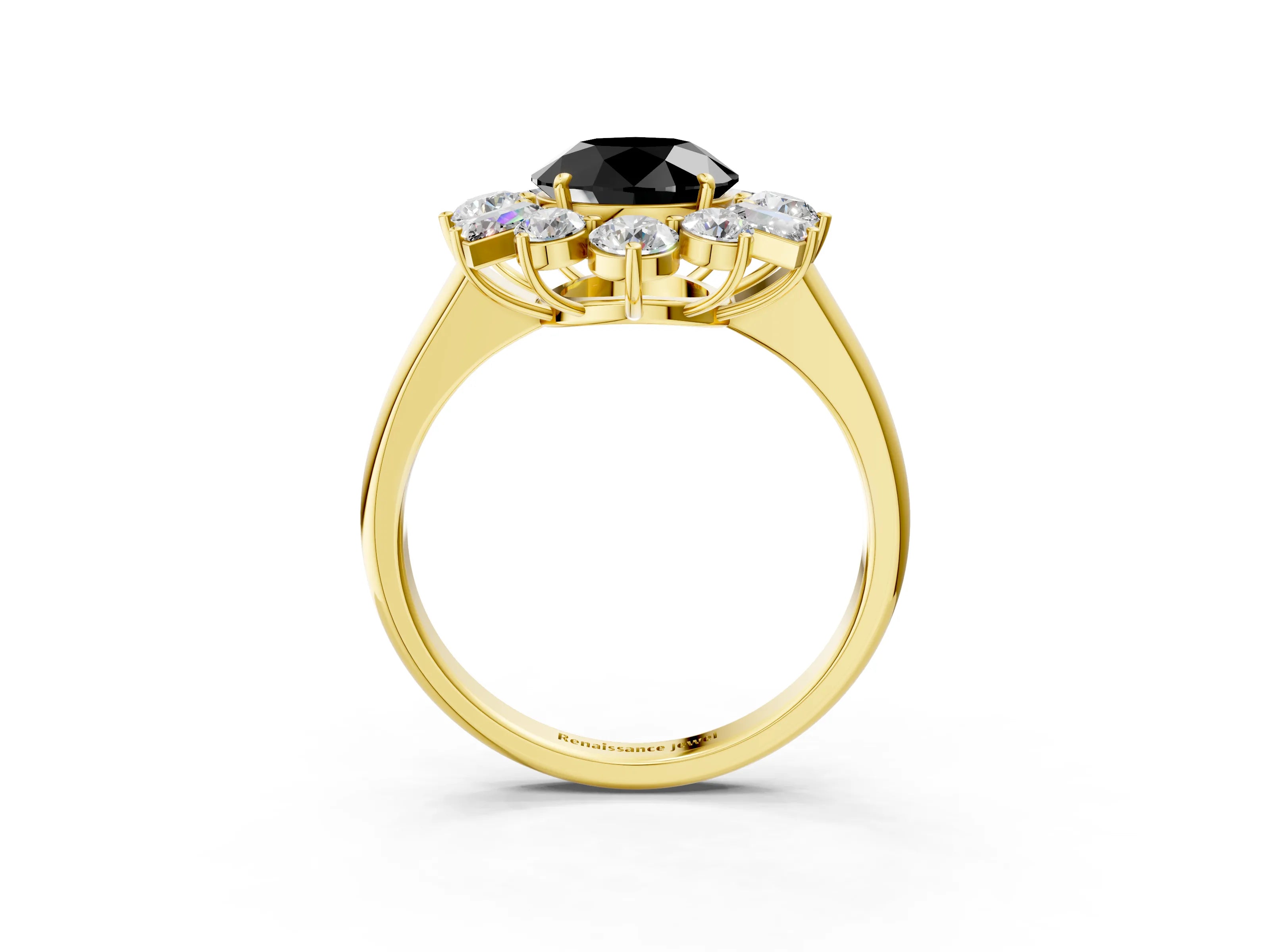 Yellow gold Fancy Black Round Cut Diamond Cluster Ring with Round and Baguette Stones, Split Shank Band, Prong Setting_3