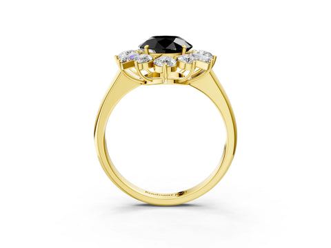 Yellow gold Fancy Black Round Cut Diamond Cluster Ring with Round and Baguette Stones, Split Shank Band, Prong Setting_3
