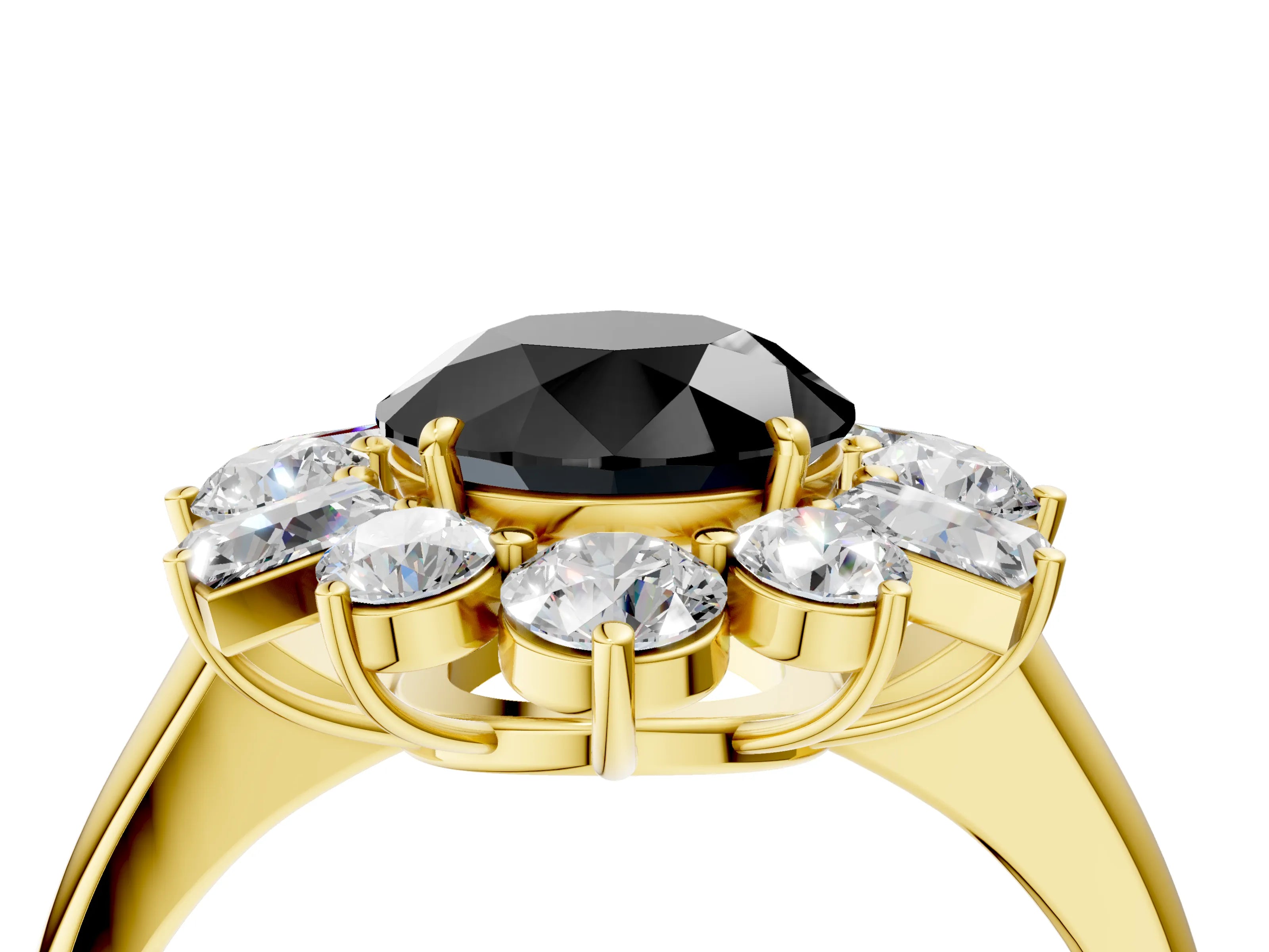 Yellow gold Fancy Black Round Cut Diamond Cluster Ring with Round and Baguette Stones, Split Shank Band, Prong Setting_4