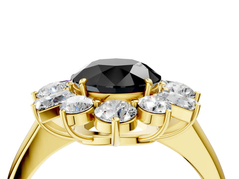 Yellow gold Fancy Black Round Cut Diamond Cluster Ring with Round and Baguette Stones, Split Shank Band, Prong Setting_4