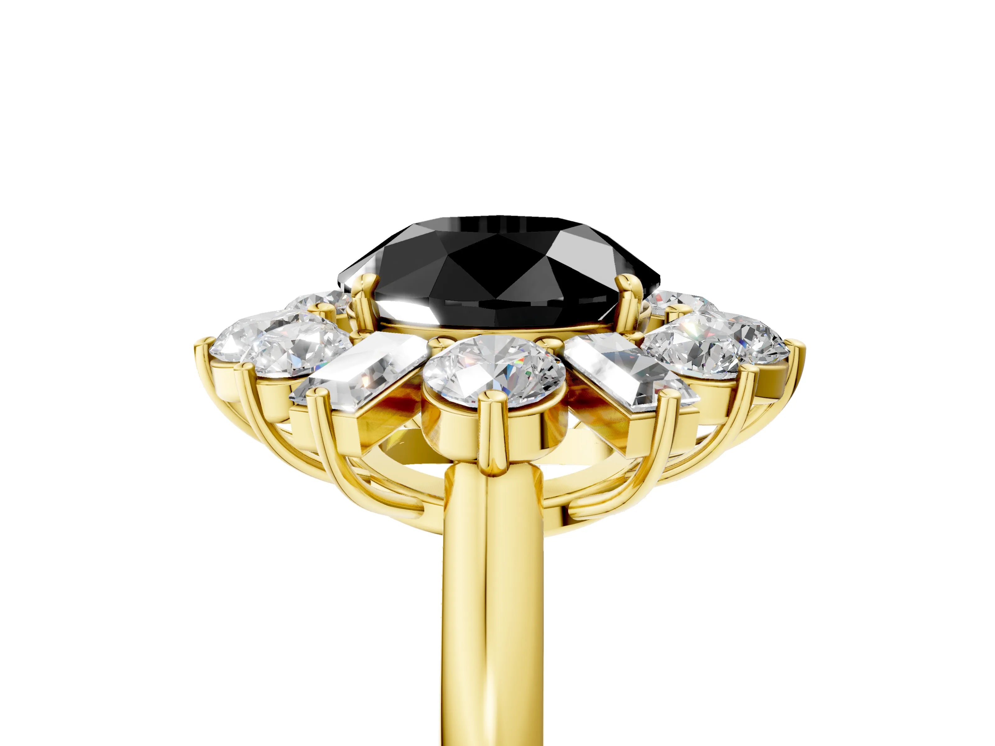 Yellow gold Fancy Black Round Cut Diamond Cluster Ring with Round and Baguette Stones, Split Shank Band, Prong Setting_5