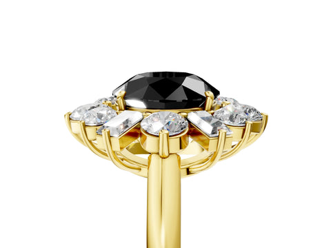 Yellow gold Fancy Black Round Cut Diamond Cluster Ring with Round and Baguette Stones, Split Shank Band, Prong Setting_5