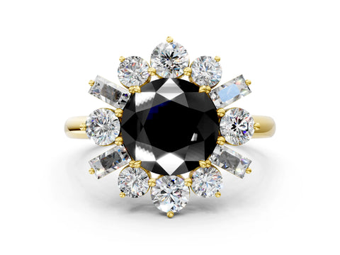 Yellow gold Fancy Black Round Cut Diamond Cluster Ring with Round and Baguette Stones, Split Shank Band, Prong Setting