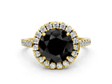 Yellow gold Fancy Black Round Cut Diamond Cushion Halo Ring with Pavé Band