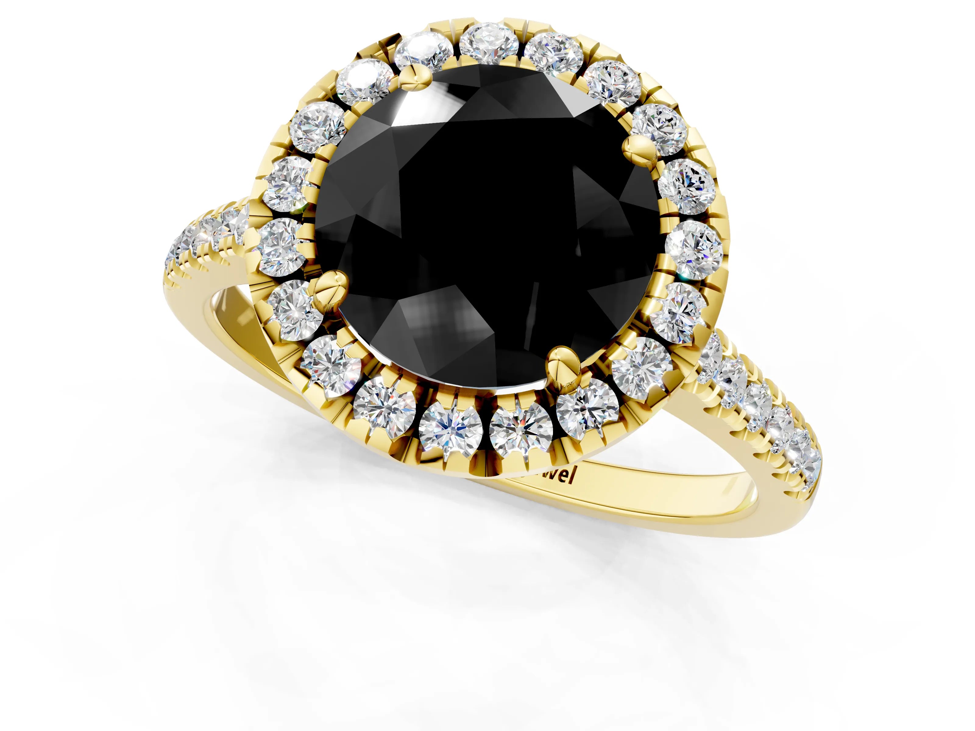 Yellow gold Fancy Black Round Cut Diamond Cushion Halo Ring with Pavé Band_1