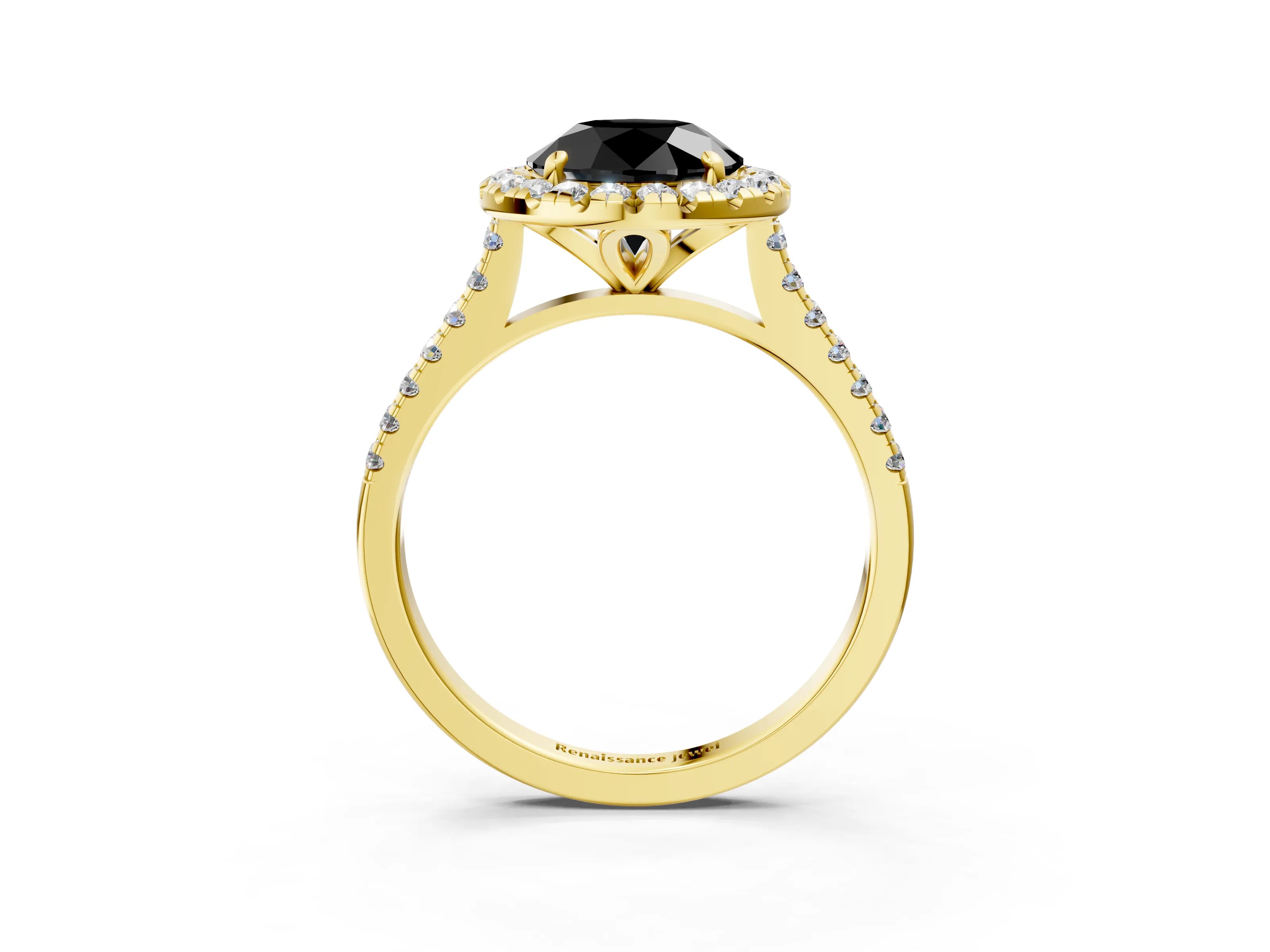 Yellow gold Fancy Black Round Cut Diamond Cushion Halo Ring with Pavé Band_3