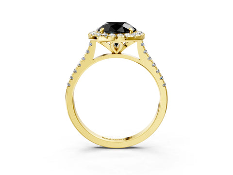 Yellow gold Fancy Black Round Cut Diamond Cushion Halo Ring with Pavé Band_3
