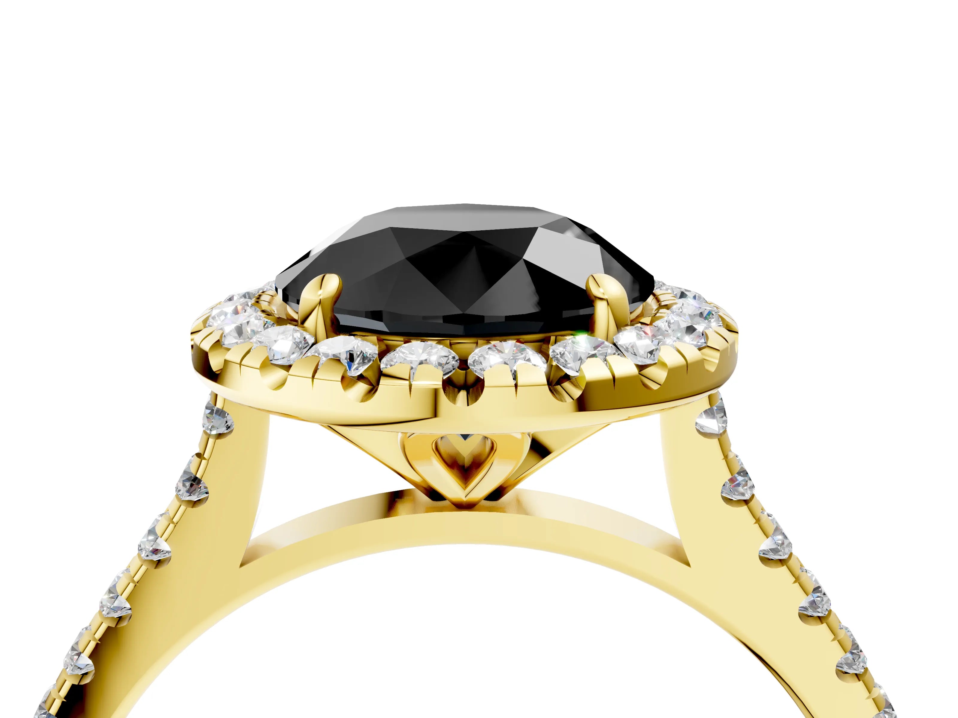 Yellow gold Fancy Black Round Cut Diamond Cushion Halo Ring with Pavé Band_4