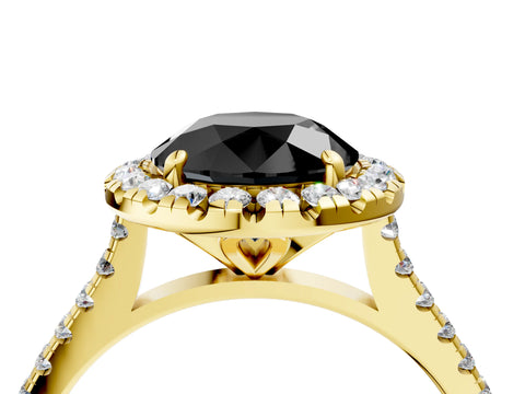 Yellow gold Fancy Black Round Cut Diamond Cushion Halo Ring with Pavé Band_4