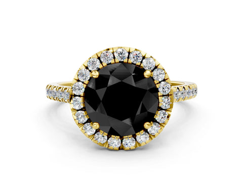 Yellow gold Fancy Black Round Cut Diamond Cushion Halo Ring with Pavé Band