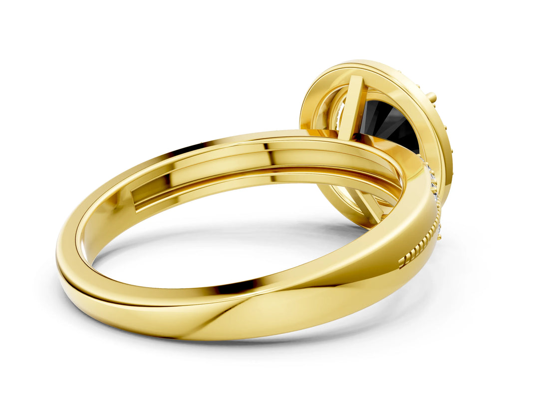 Yellow gold Fancy Black Round Cut Diamond Double Halo Ring with Split Shank and Four-Prong Setting