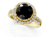 Yellow gold Fancy Black Round Cut Diamond Double Halo Ring with Split Shank and Four-Prong Setting_1