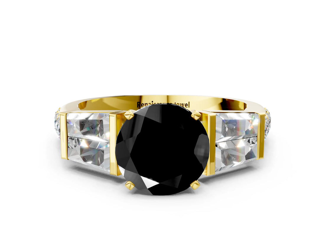 Yellow gold Fancy Black Round Cut Diamond Engagement Ring with Baguette Side Stones and Channel Set Band_12