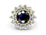 Yellow gold Fancy Black Round Cut Diamond Floral Double Halo Engagement Ring with Prong Setting_24