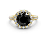 Yellow gold Fancy Black Round Cut Diamond Floral Halo Ring with Pavé Band and Prong Setting_3
