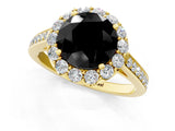 Yellow gold Fancy Black Round Cut Diamond Floral Halo Ring with Pavé Band and Prong Setting_4