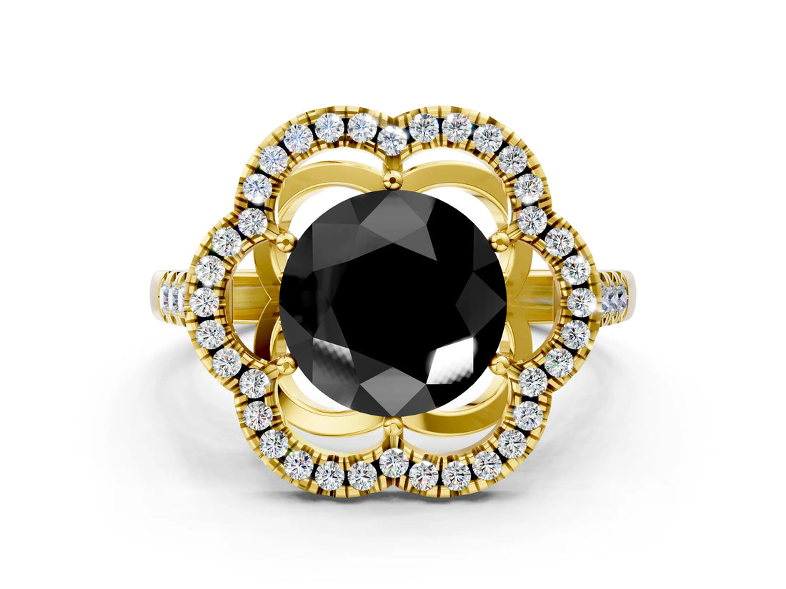 Yellow gold Fancy Black Round Cut Diamond Floral Halo Split Shank Prong Setting Ring