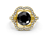 Yellow gold Fancy Black Round Cut Diamond Floral Halo Split Shank Prong Setting Ring