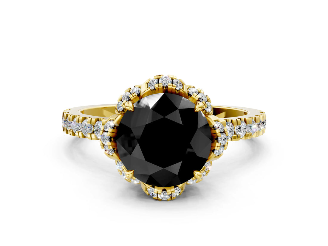 Yellow gold Fancy Black Round Cut Diamond Halo Pave Band with Four-Prong Setting_3