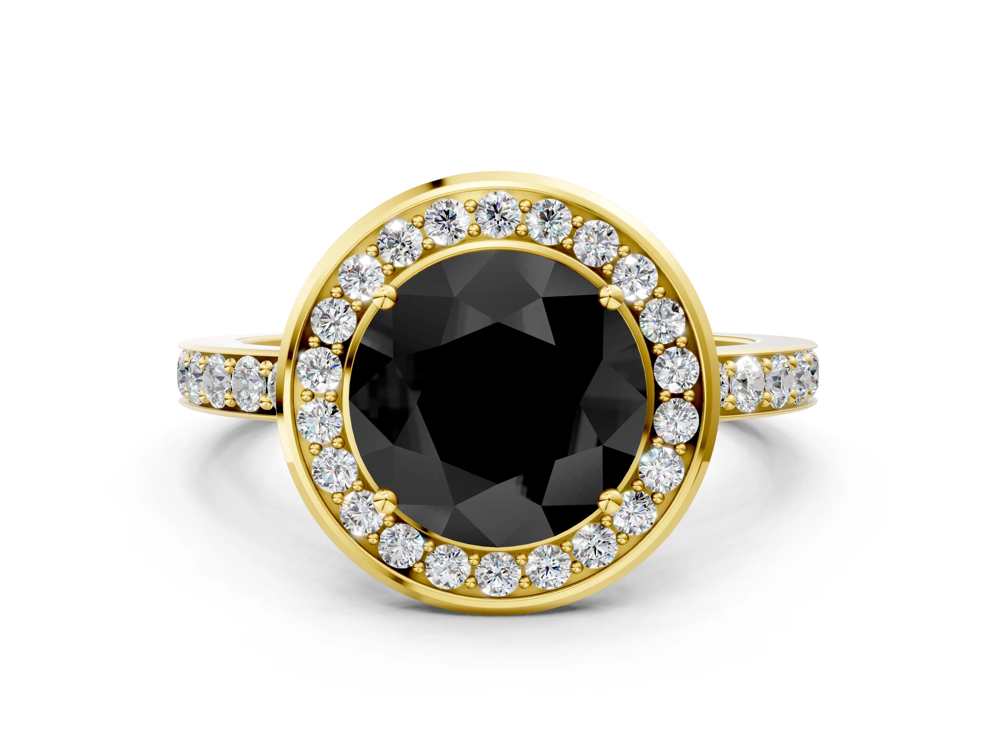 Yellow gold Fancy Black Round Cut Diamond Halo Ring with Bezel Frame and Pavé Band