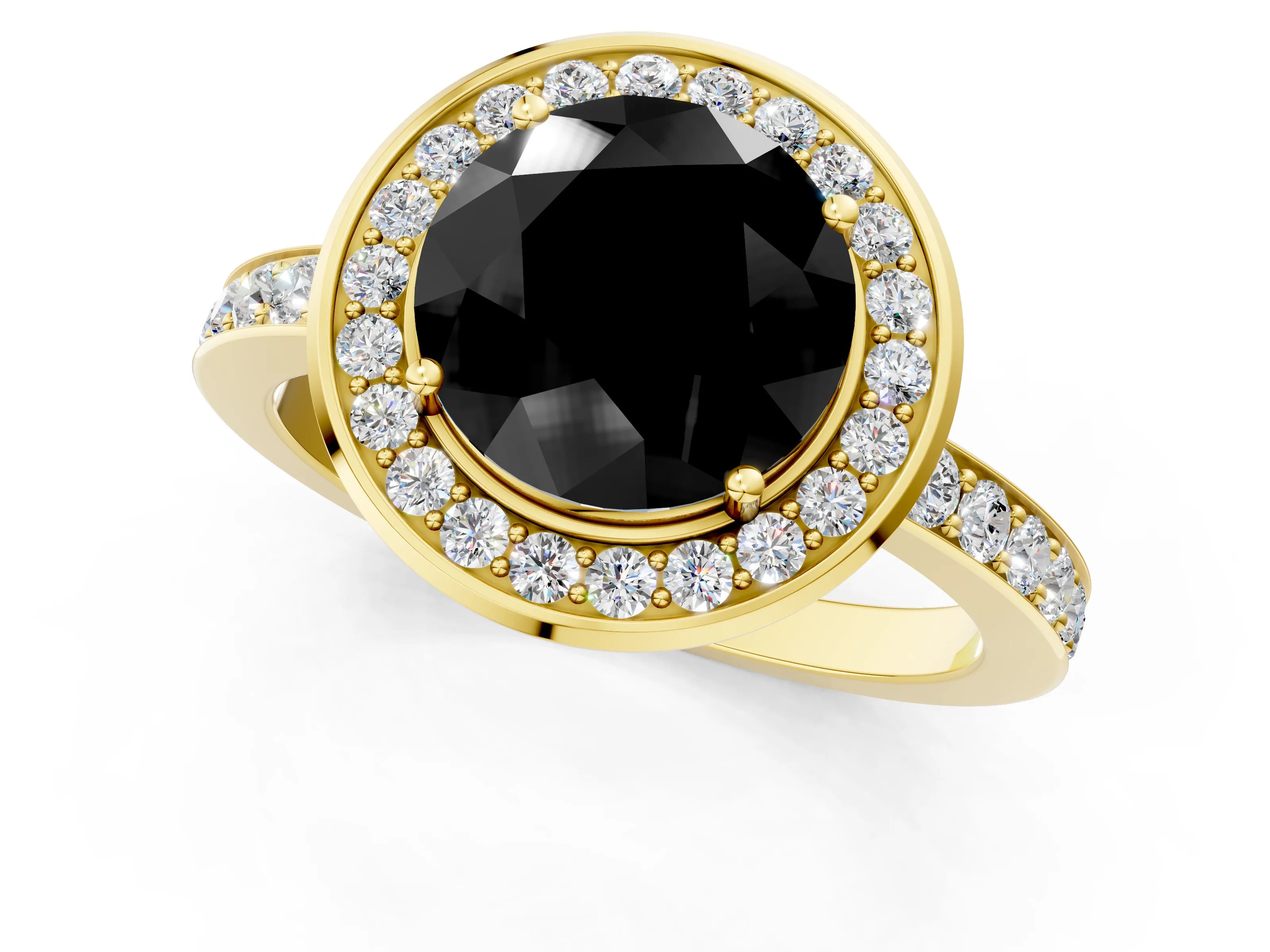 Yellow gold Fancy Black Round Cut Diamond Halo Ring with Bezel Frame and Pavé Band_1