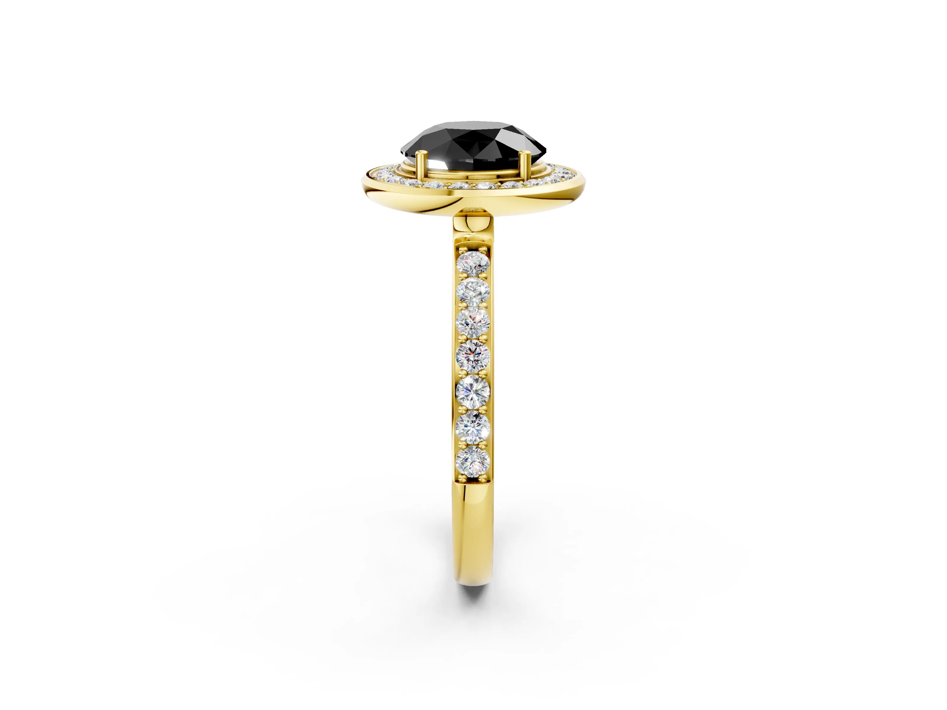 Yellow gold Fancy Black Round Cut Diamond Halo Ring with Bezel Frame and Pavé Band_2