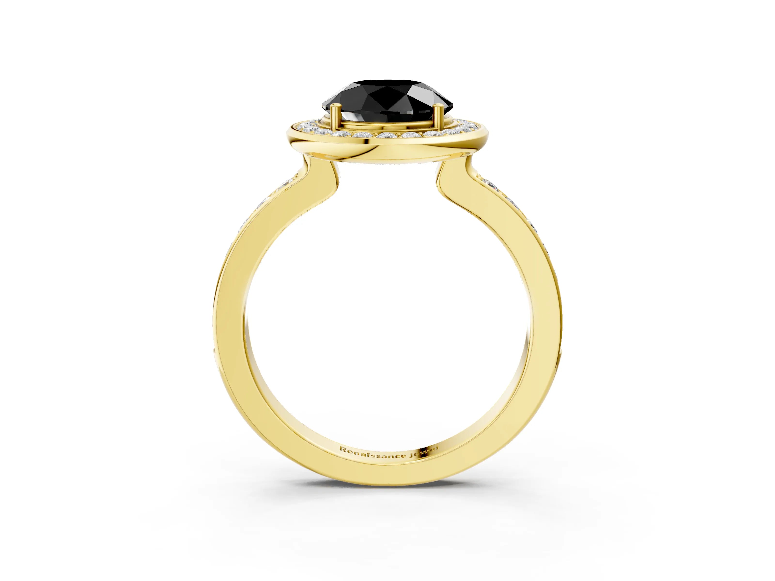 Yellow gold Fancy Black Round Cut Diamond Halo Ring with Bezel Frame and Pavé Band_3