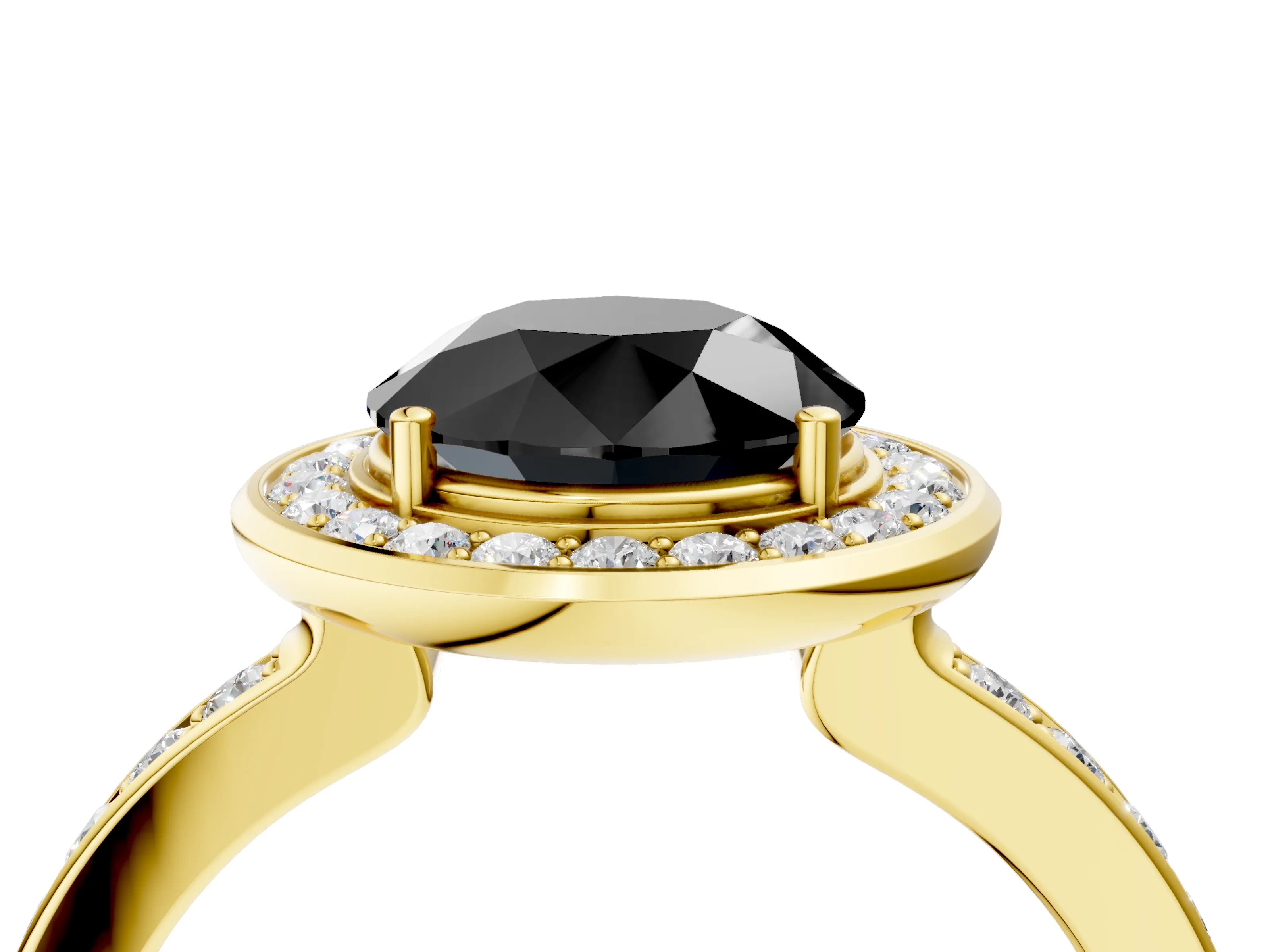 Yellow gold Fancy Black Round Cut Diamond Halo Ring with Bezel Frame and Pavé Band_4