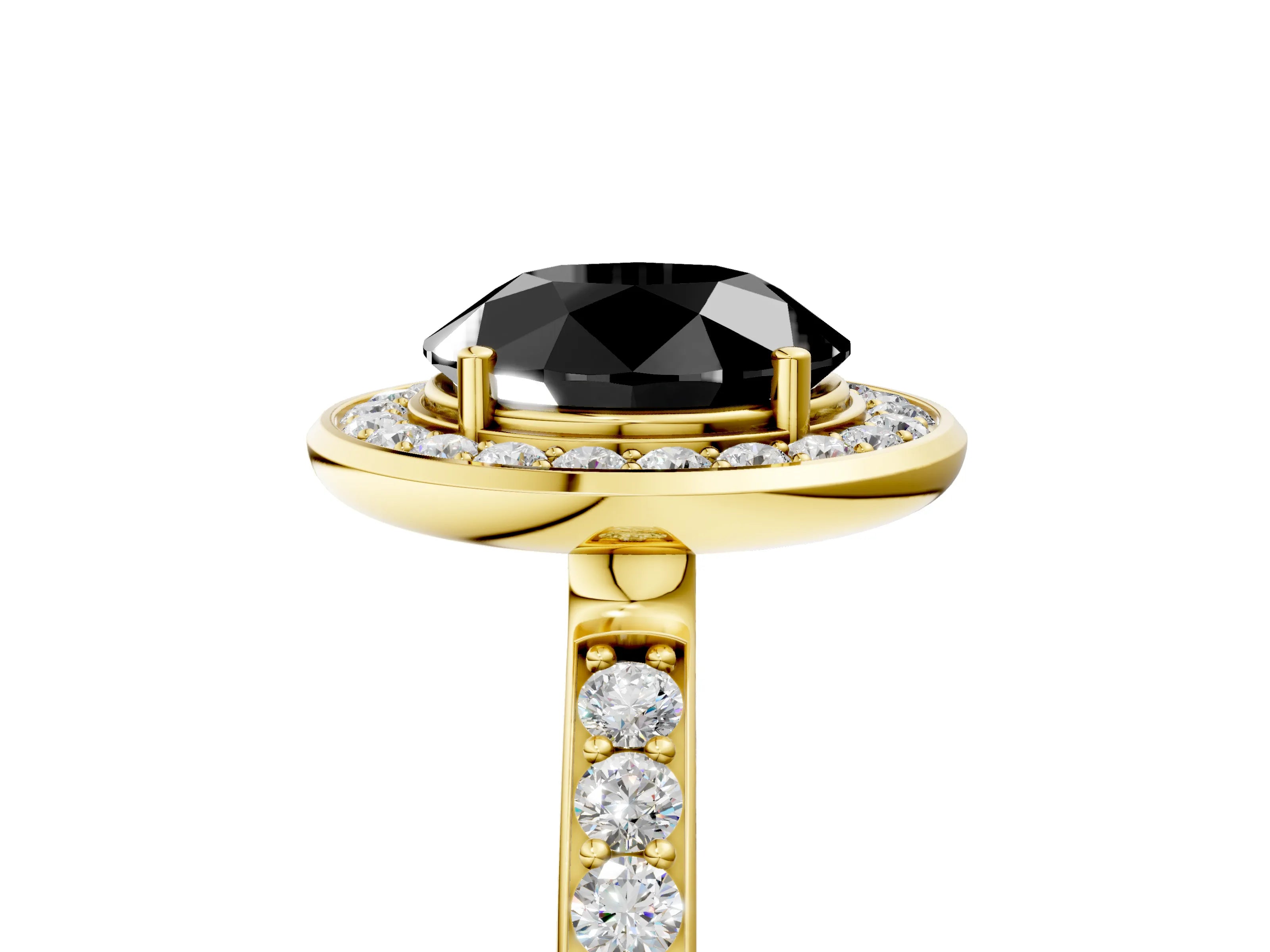Yellow gold Fancy Black Round Cut Diamond Halo Ring with Bezel Frame and Pavé Band_5
