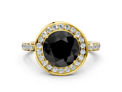 Yellow gold Fancy Black Round Cut Diamond Halo Ring with Bezel Frame and Pavé Band
