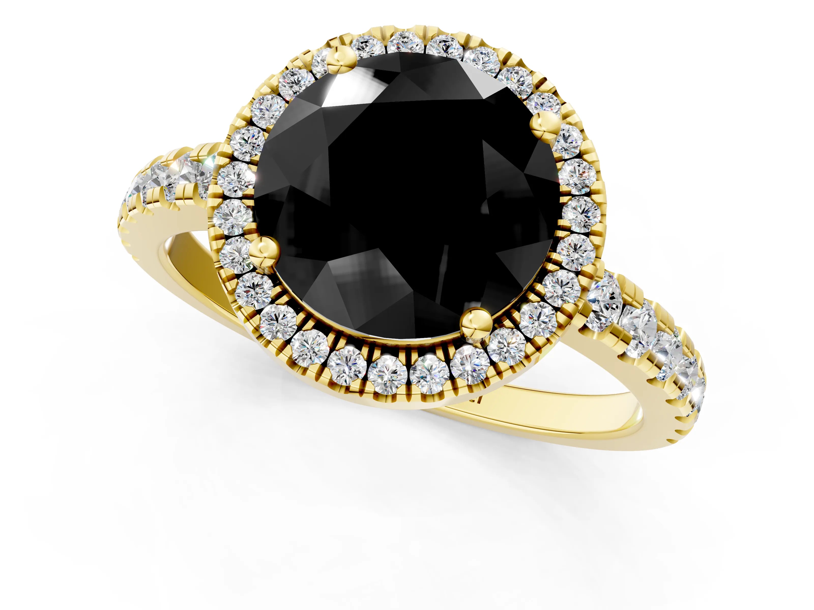 Yellow gold Fancy Black Round Cut Diamond Halo Ring with Pavé Band and Four-Prong Setting_1