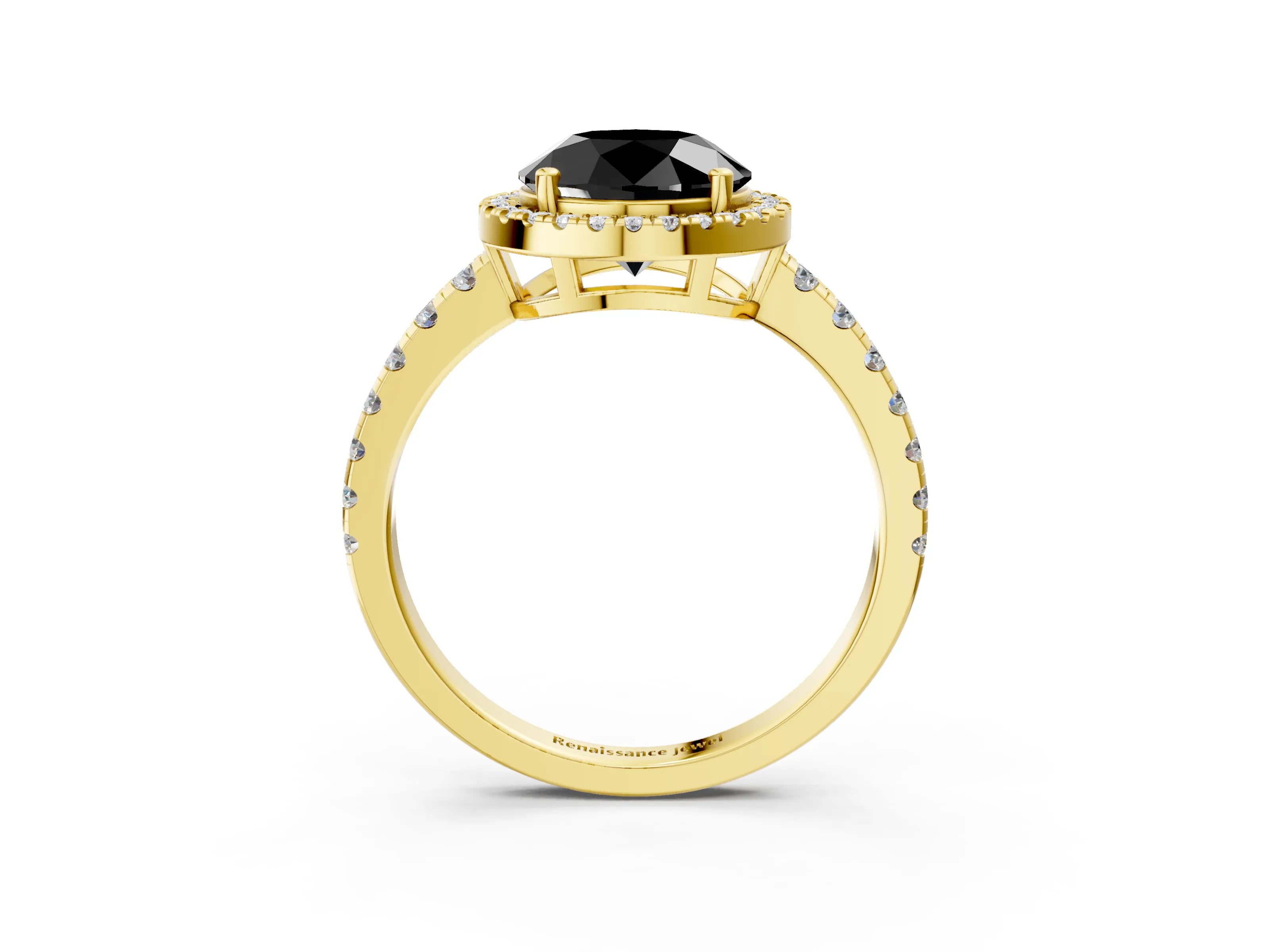 Yellow gold Fancy Black Round Cut Diamond Halo Ring with Pavé Band and Four-Prong Setting_3