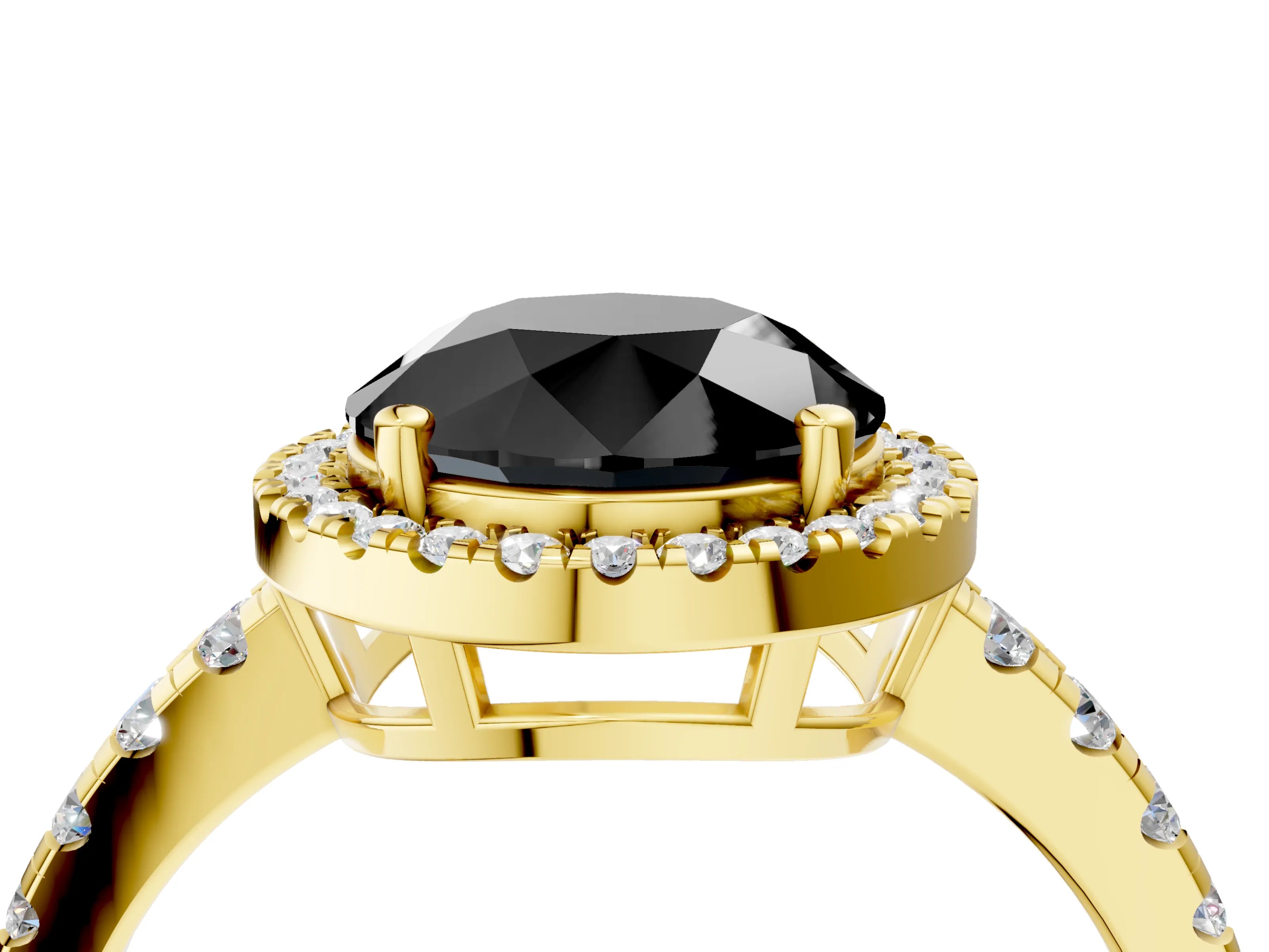 Yellow gold Fancy Black Round Cut Diamond Halo Ring with Pavé Band and Four-Prong Setting_4