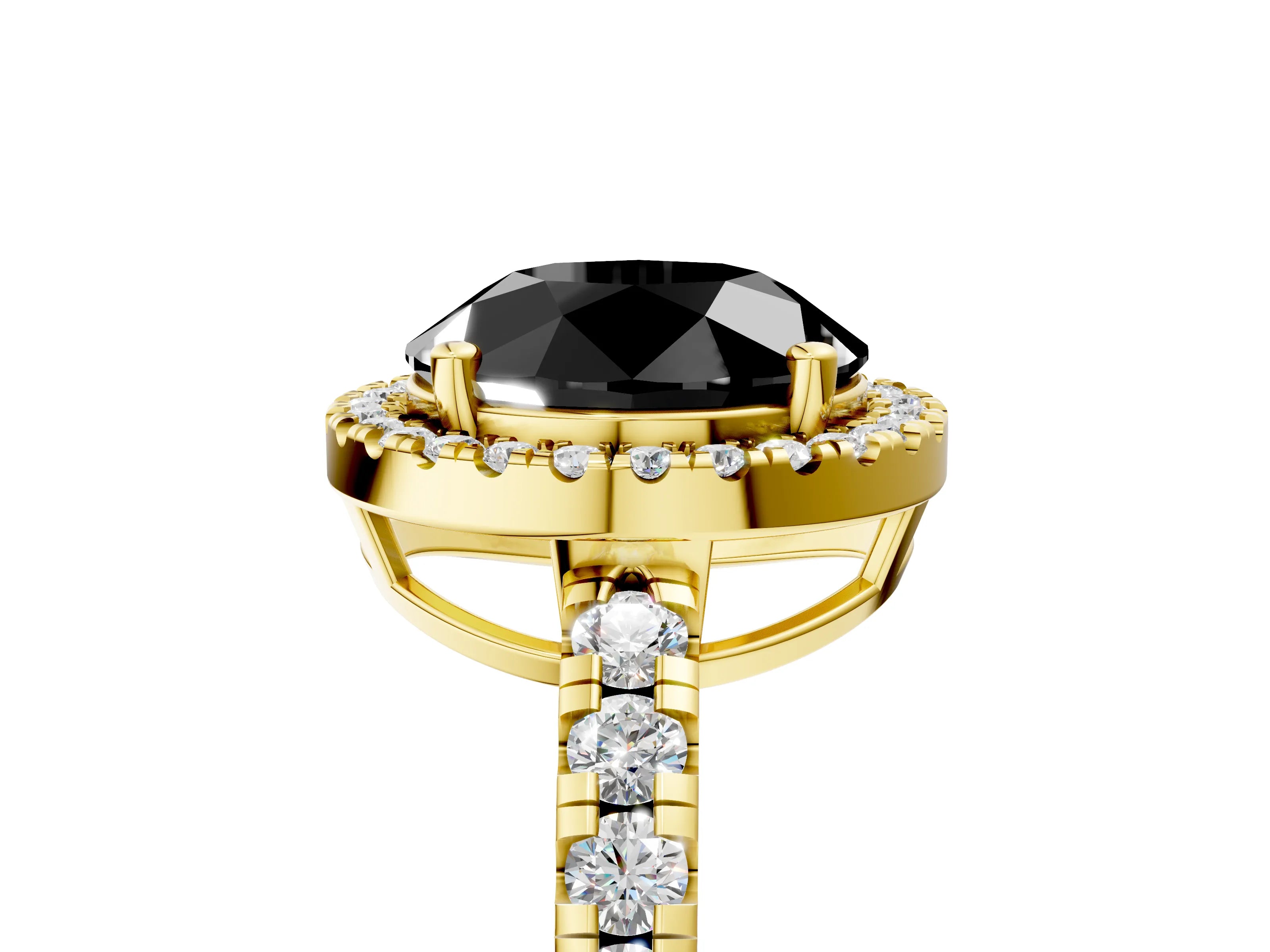 Yellow gold Fancy Black Round Cut Diamond Halo Ring with Pavé Band and Four-Prong Setting_5