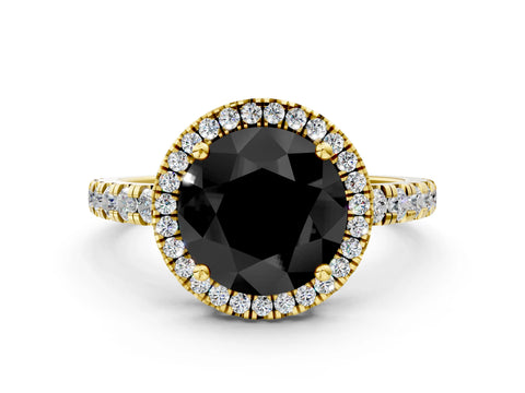 Yellow gold Fancy Black Round Cut Diamond Halo Ring with Pavé Band and Four-Prong Setting
