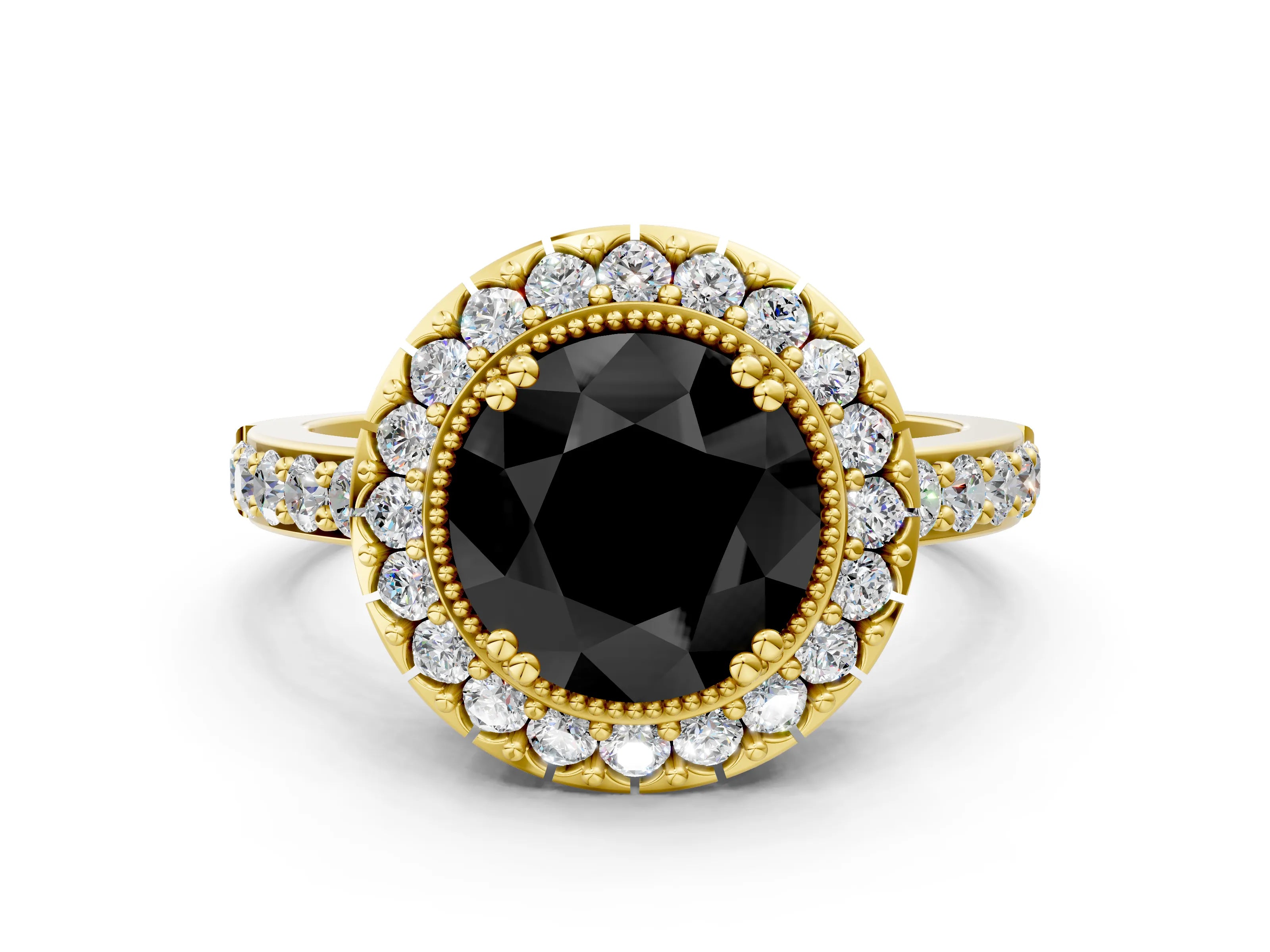 Yellow gold Fancy Black Round Cut Diamond Halo Ring with Pavé Band and Prong Setting